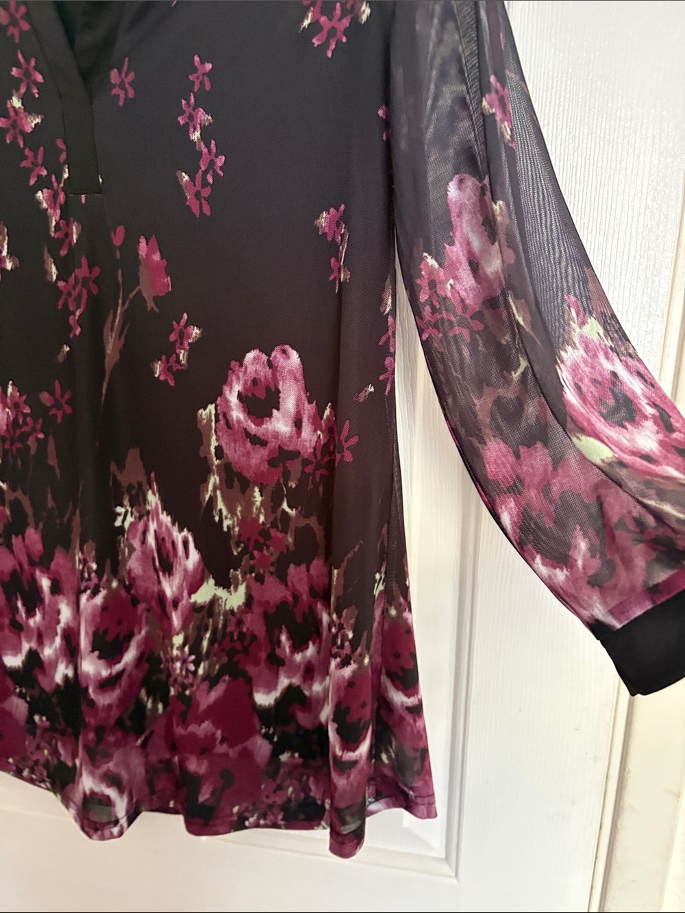 Timeson Plum Floral Mesh-Sleeve Tunic with V-Notch - Picture 3 of 4